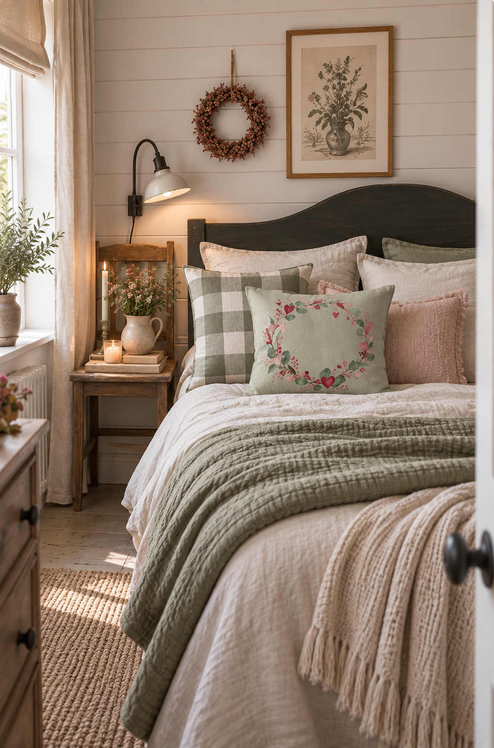 Salbeigrünes Herzkranz-Kissen mit Aquarellmotiv auf einem Bett mit Karo- und beigefarbenen Kissen in einem gemütlichen Schlafzimmer im Landhausstil – Kissenglück