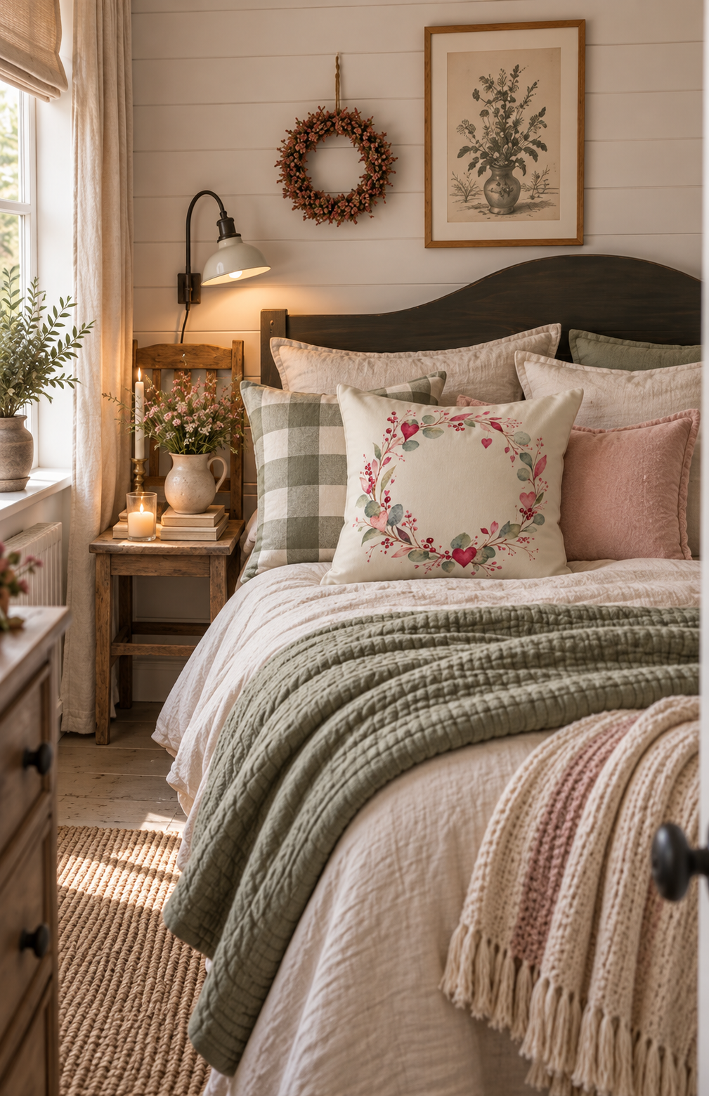 Sandbeiges Herzkranz-Dekokissen mit zartem Aquarellmotiv auf einem gemütlichen Bett, kombiniert mit Karo- und Unikissen in Salbeigrün und Altrosa sowie natürlichen Wohntextilien im skandinavischen Landhausstil – Kissenglück.