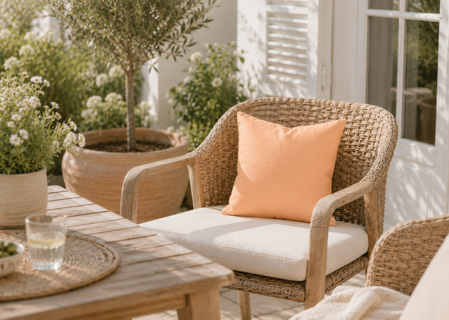 Apricotfarbenes unifarbenes Dekokissen 40x40 auf einem Rattanstuhl auf einer sonnigen Terrasse – stilvolle Deko für Garten, Balkon, Ferienhaus und Outdoor-Wohnbereich.