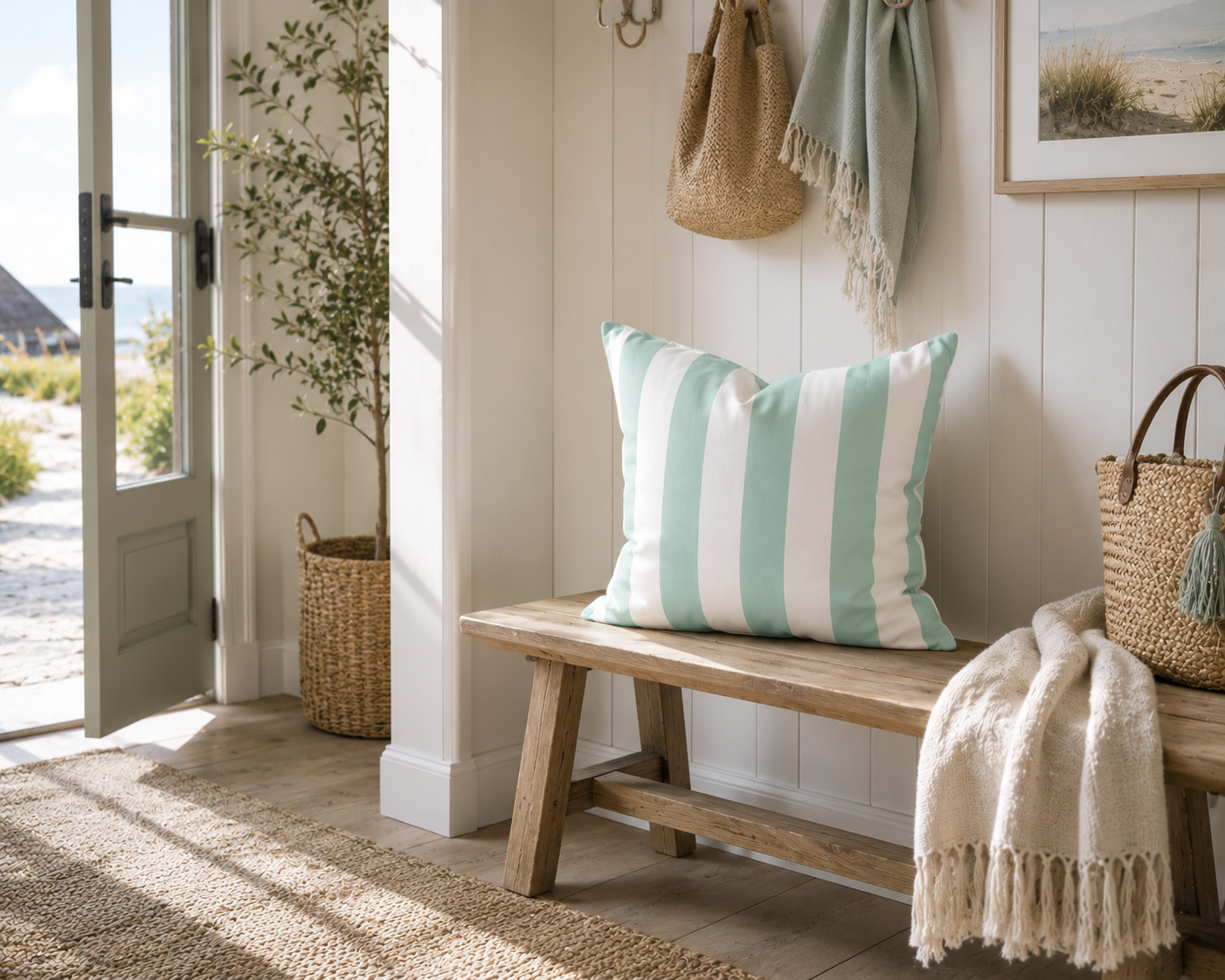 Aqua-blau weiß gestreiftes Dekokissen auf einer Holzbank im Küstenstil. Helle Flur-Dekoration für Ferienwohnung, Ferienhaus oder Strandhaus an der Ostsee mit skandinavischem Landhauscharme.