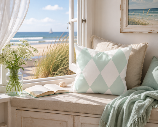 Aqua-blau weißes Dekokissen mit Rautenmuster auf einer Fensterbank mit Meerblick. Skandinavische Wohnidee für Ferienwohnung, Strandhaus oder Ferienhaus an der Ostsee im hellen Landhausstil.