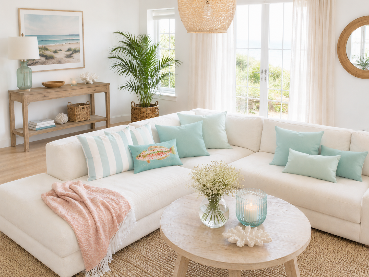 Helles Wohnzimmer im Küstenstil mit Fischkissen in Aqua-Blau auf weißem Ecksofa. Einrichtungsidee für Ferienwohnung, Ferienhaus und stilvolles Wohnen an der Ostsee.