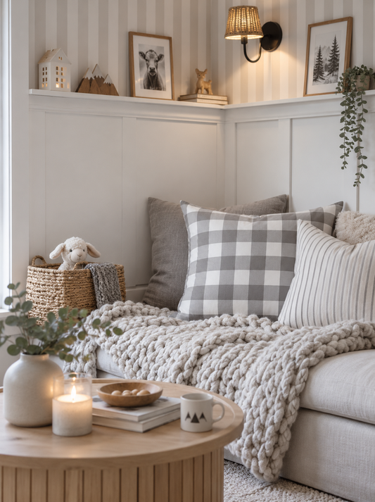 Kariertes Kissen in Grau und Weiß auf hellem Sofa – gemütliche Wohnidee im skandinavischen Landhausstil mit Naturtönen