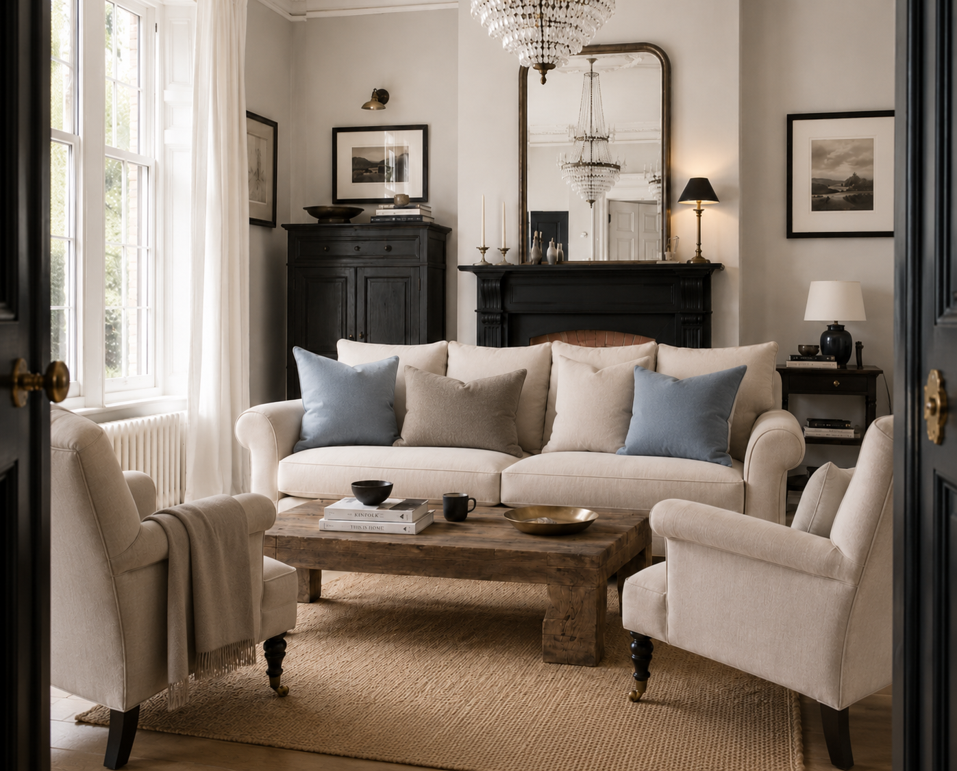 Wohnzimmer im klassischen Landhausstil mit einfarbigen Kissen in Nebelblau, Beige und Taupe als ruhige Wohninspiration aus der Kollektion Schwalbe & Nebelblau.