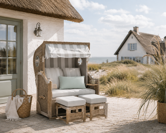 Aqua-blaues Dekokissen in einem Strandkorb vor Reetdachhaus und Dünenlandschaft an der Ostsee. Outdoor-Kissen für Ferienhaus, Ferienwohnung und Küstenstil im Garten oder auf der Terrasse.