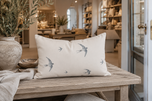 Schwalbenkissen von Kissenglück in einem hellen Concept Store. Das Designkissen mit Aquarell-Schwalben wird auf einem Holztisch in einer hochwertigen skandinavischen Wohnatmosphäre präsentiert.