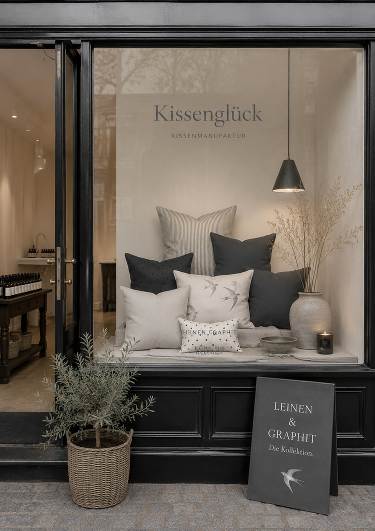 Schaufenster der Kissenglück Kissenmanufaktur mit der Kollektion Leinen & Graphit, dekoriert mit Kissen in Graphit, Naturweiß und feinen Streifen sowie schlichten Wohnaccessoires.