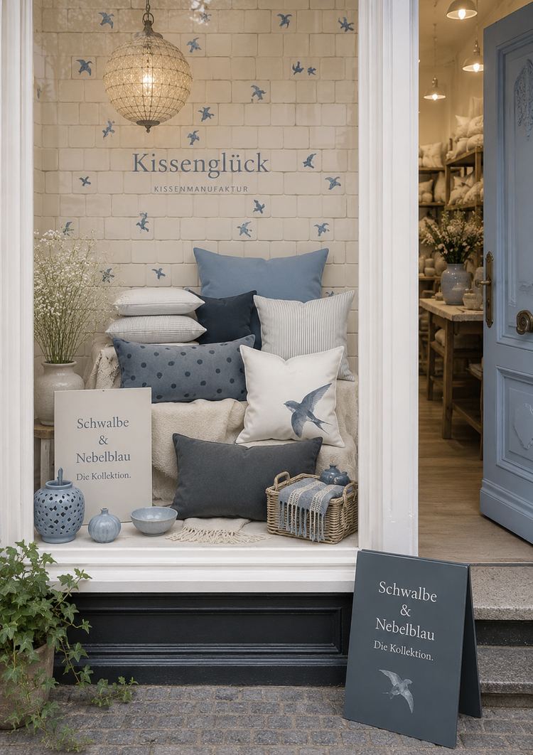 Schaufenster der Kissenglück Kissenmanufaktur mit der Kollektion Schwalbe & Nebelblau, dekoriert mit Designkissen in Nebelblau, Graphitblau, Schwalbenmotiv, Schwalbendots und feinen Streifen vor einer Wand mit historischen Schwalbenfliesen.
