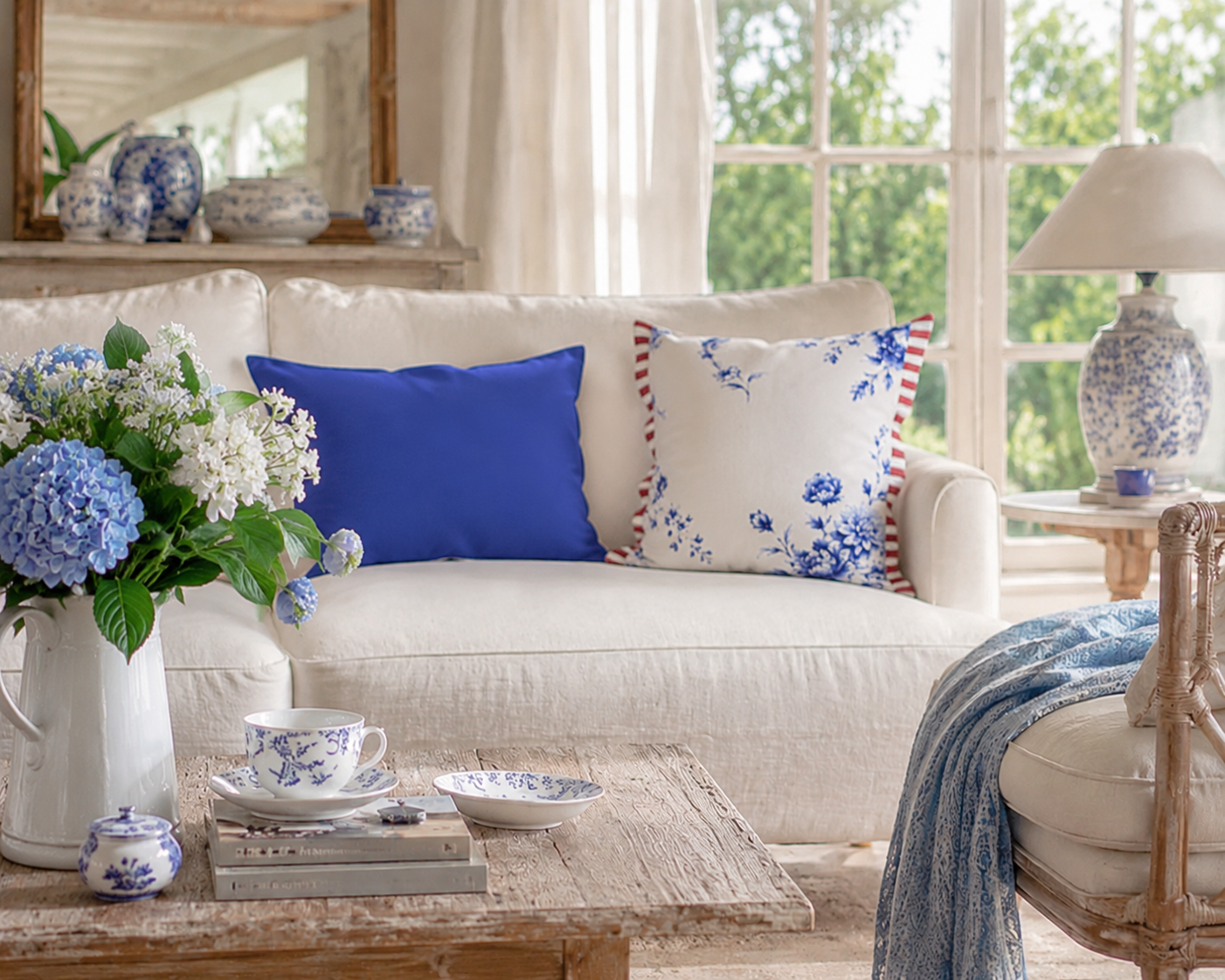 Dekokissen im Delfter Blau auf hellem Sofa im Landhausstil. Blau-weiße Kissenhüllen mit floralem Muster als stilvolle Wohnraumdekoration.