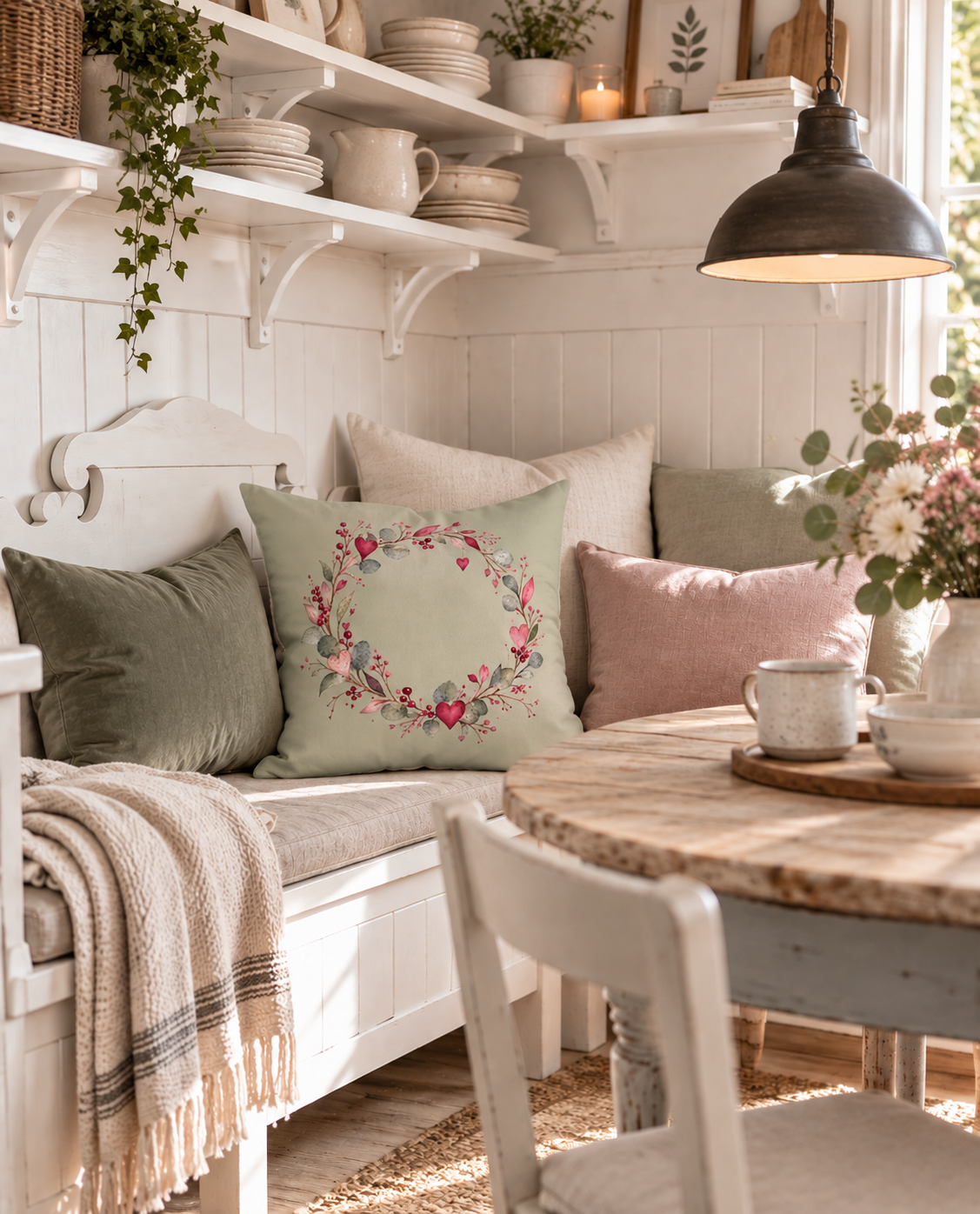 Salbeigrünes Herzkranz-Kissen mit Aquarellmotiv auf einer gemütlichen Küchenbank mit Kissen in Grün, Beige und zartem Rosa – skandinavischer Landhausstil