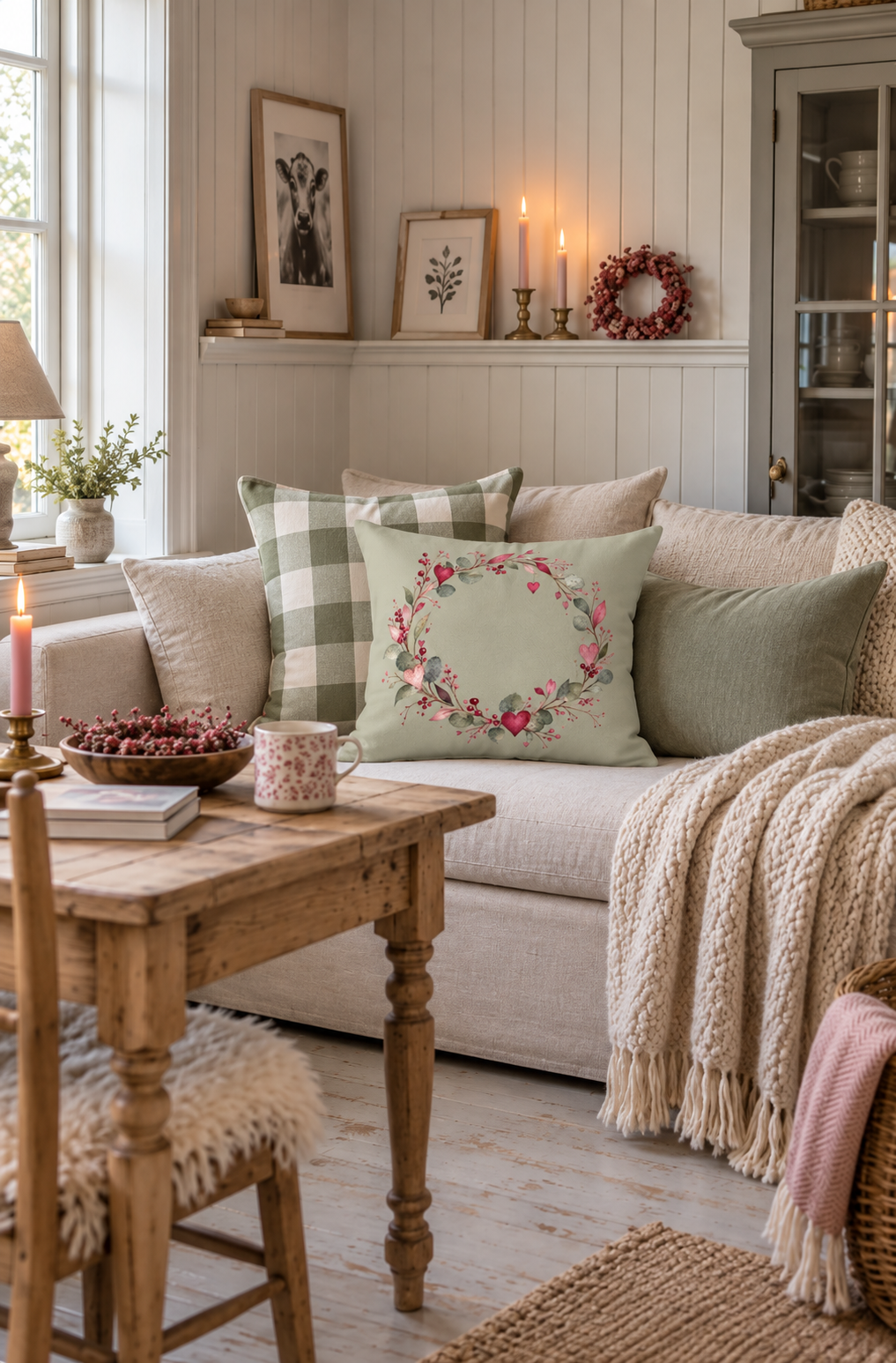 Salbeigrünes Herzkranz-Kissen kombiniert mit Karo- und Unikissen in Grün und Beige auf einem hellen Sofa im skandinavischen Landhausstil – Kissenglück