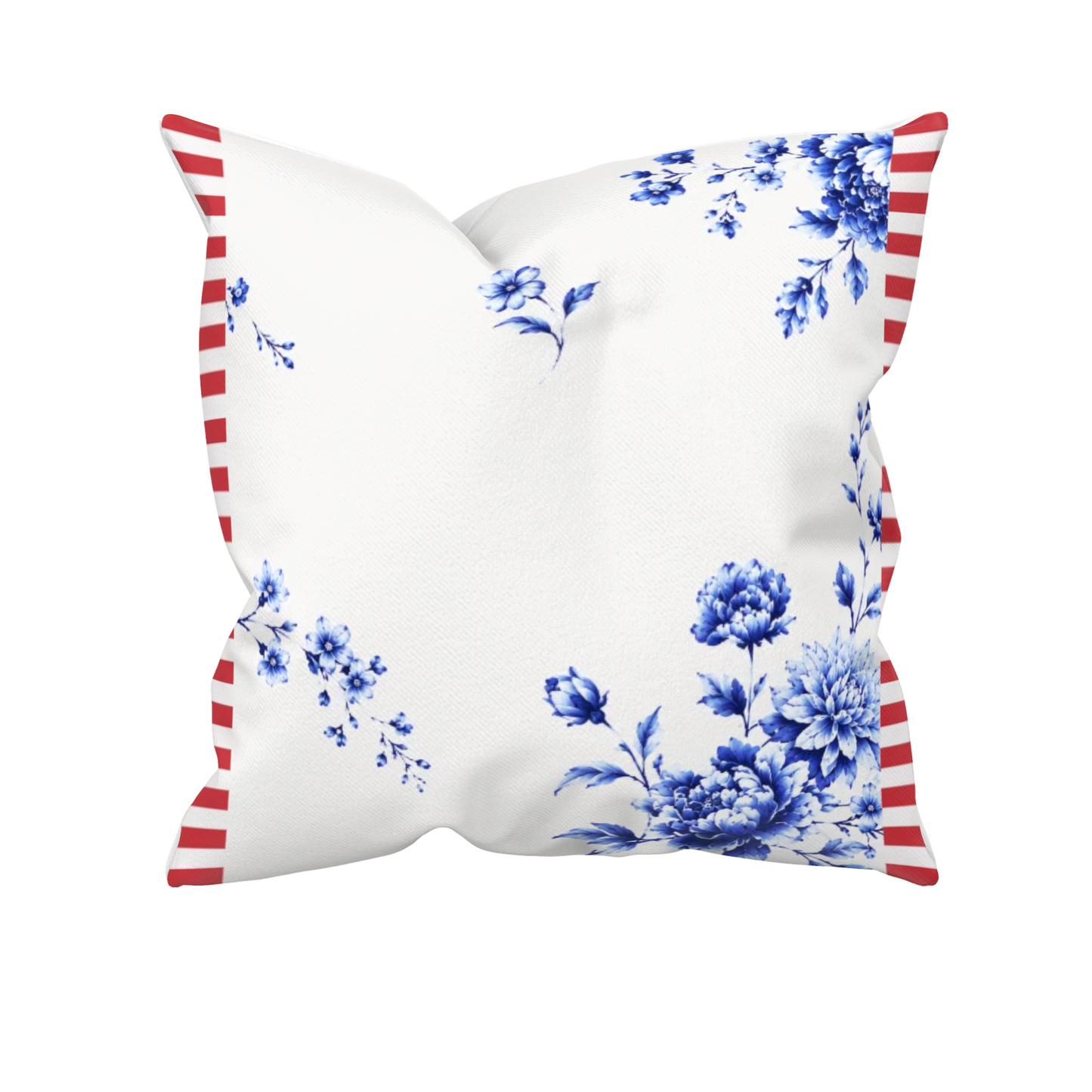 Kissenhülle Delfter Blau mit Blumenmuster und rot weißem Streifen  in der Größe 40x40 cm
