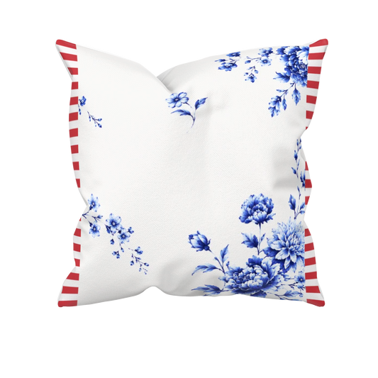 Kissenhülle Delfter Blau mit Blumenmuster und rot weißem Streifen  in der Größe 40x40 cm