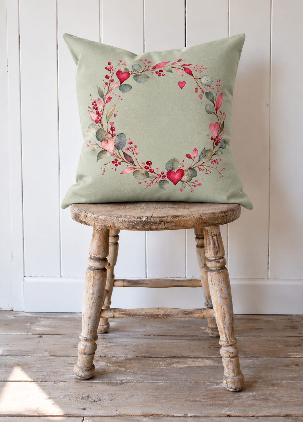 Salbeigrünes Dekokissen mit Herzkranz und Aquarellmotiv auf einem rustikalen Holzhocker im skandinavischen Landhausstil – Kissenglück