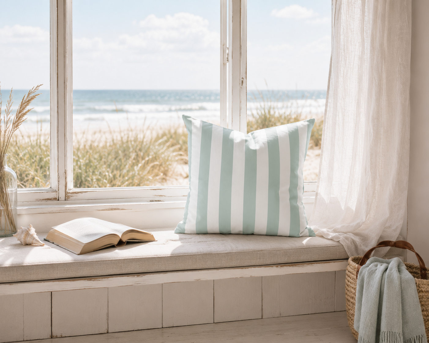 Dekokissen mit Aqua-Blau-Weißen Blockstreifen auf einer Fensterbank mit Blick auf Strand und Meer. Einrichtungsidee für Ferienwohnung, Ferienhaus und Küstenstil an der Ostsee.