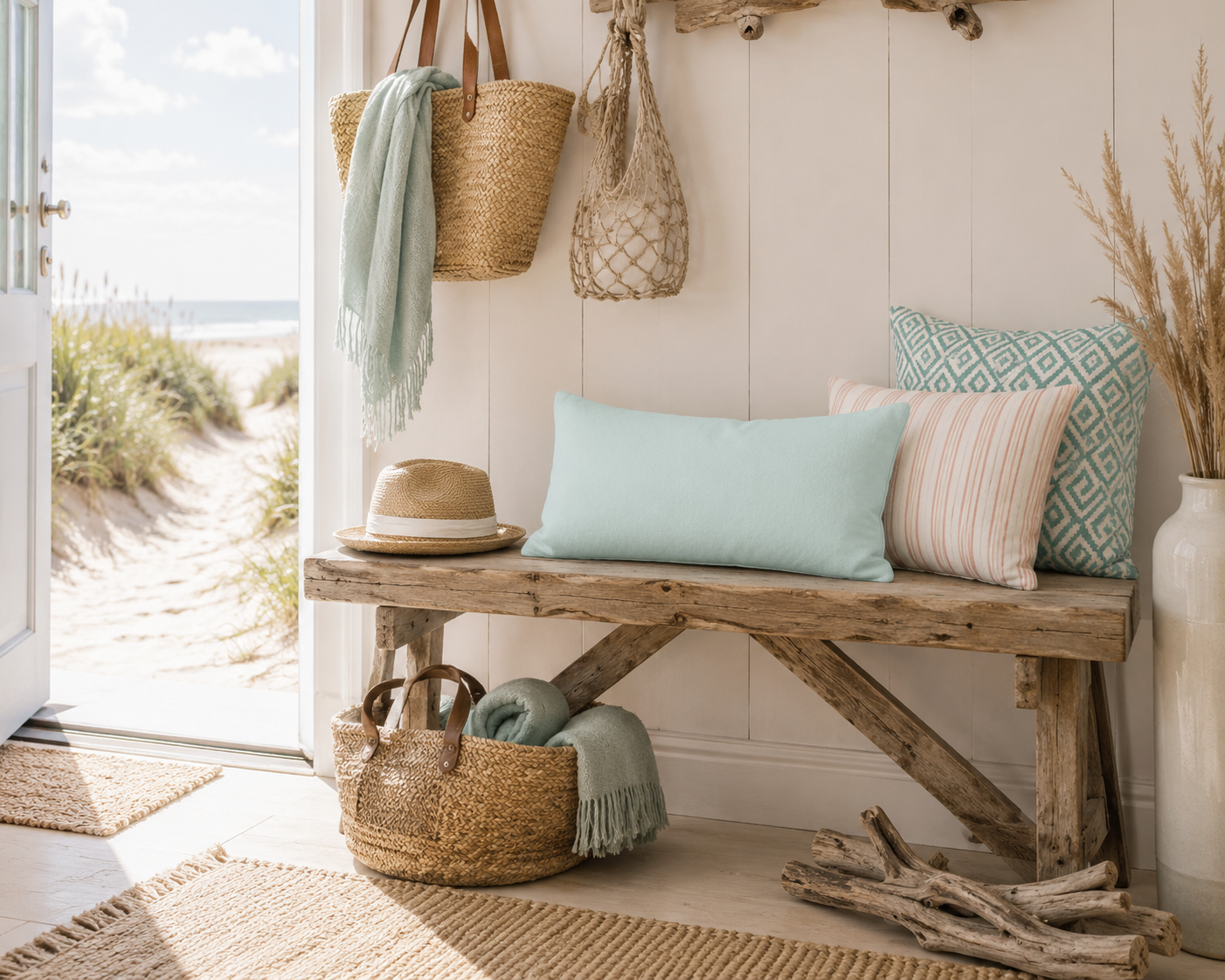 Aqua-blaues Dekokissen auf einer rustikalen Holzbank im Küstenstil. Einrichtungsidee für Ferienwohnung, Ferienhaus und Wohnen an der Ostsee mit natürlichen Materialien und hellen Farben.