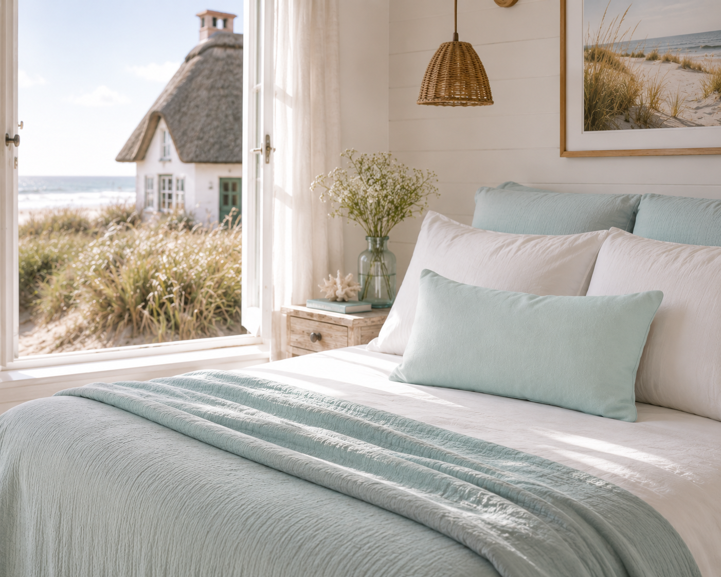 Aqua-blaues Dekokissen auf einem hellen Bett im Küstenstil. Einrichtungsidee für Ferienhaus, Ferienwohnung und Schlafzimmer mit Blick auf Dünen und Ostsee.