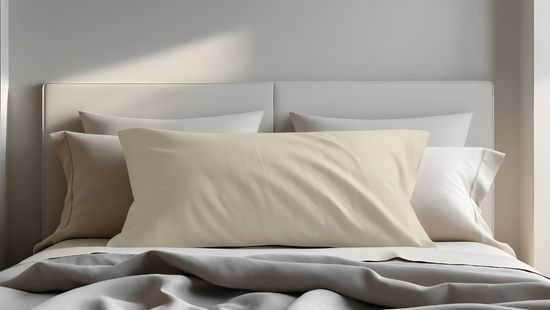 Mockup eines rechteckigen Bettkissens in hellem Beigeton, platziert auf einem gemachten Bett mit weißen Kopfkissen und grauer Decke im Hintergrund.