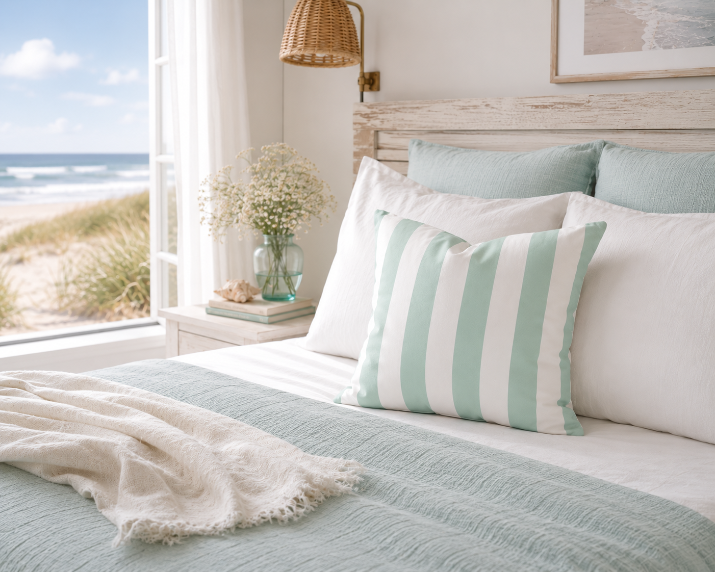 Aqua-blau weiß gestreiftes Dekokissen auf einem hellen Bett im Küstenstil. Skandinavische Schlafzimmer-Deko für Ferienwohnung, Ferienhaus oder Strandhaus an der Ostsee mit Blick auf Dünen und Meer.