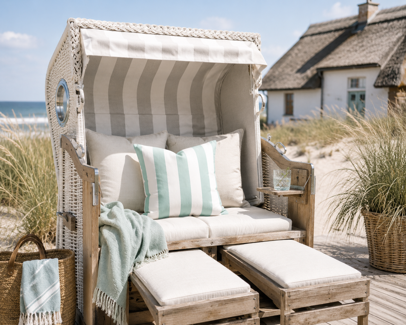 Aqua-blau weiß gestreiftes Dekokissen in einem Strandkorb vor Reetdachhaus an der Ostsee. Maritime Küsten-Dekoration für Ferienwohnung, Ferienhaus, Airbnb und Strandhaus im skandinavischen Landhausstil.
