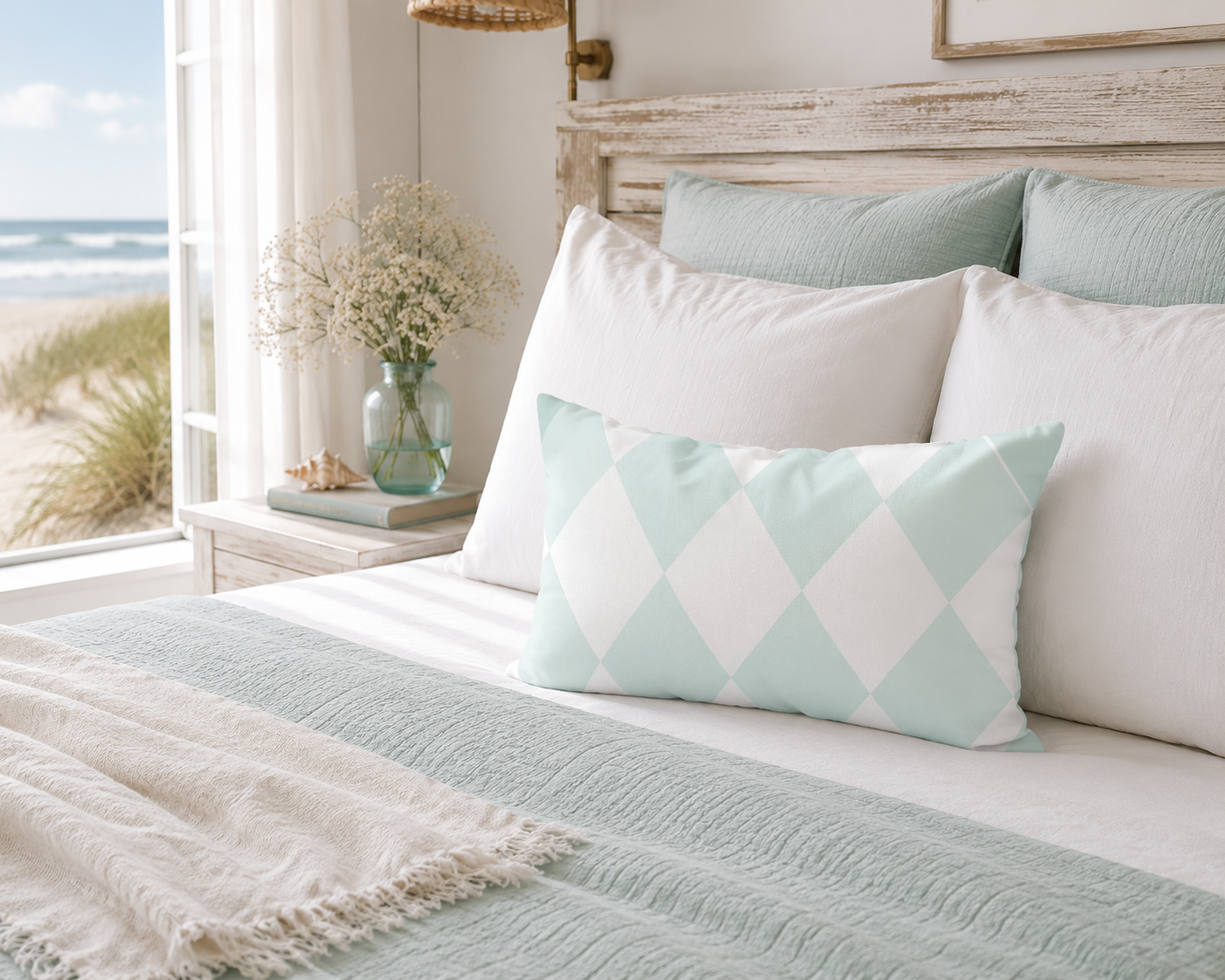 Dekokissen 40x60 cm mit Aqua-Blau Weiß Rautenmuster auf einem Bett im skandinavischen Küstenstil. Helle Schlafzimmer-Dekoration für Ferienwohnung, Strandhaus oder Ferienhaus an der Ostsee.