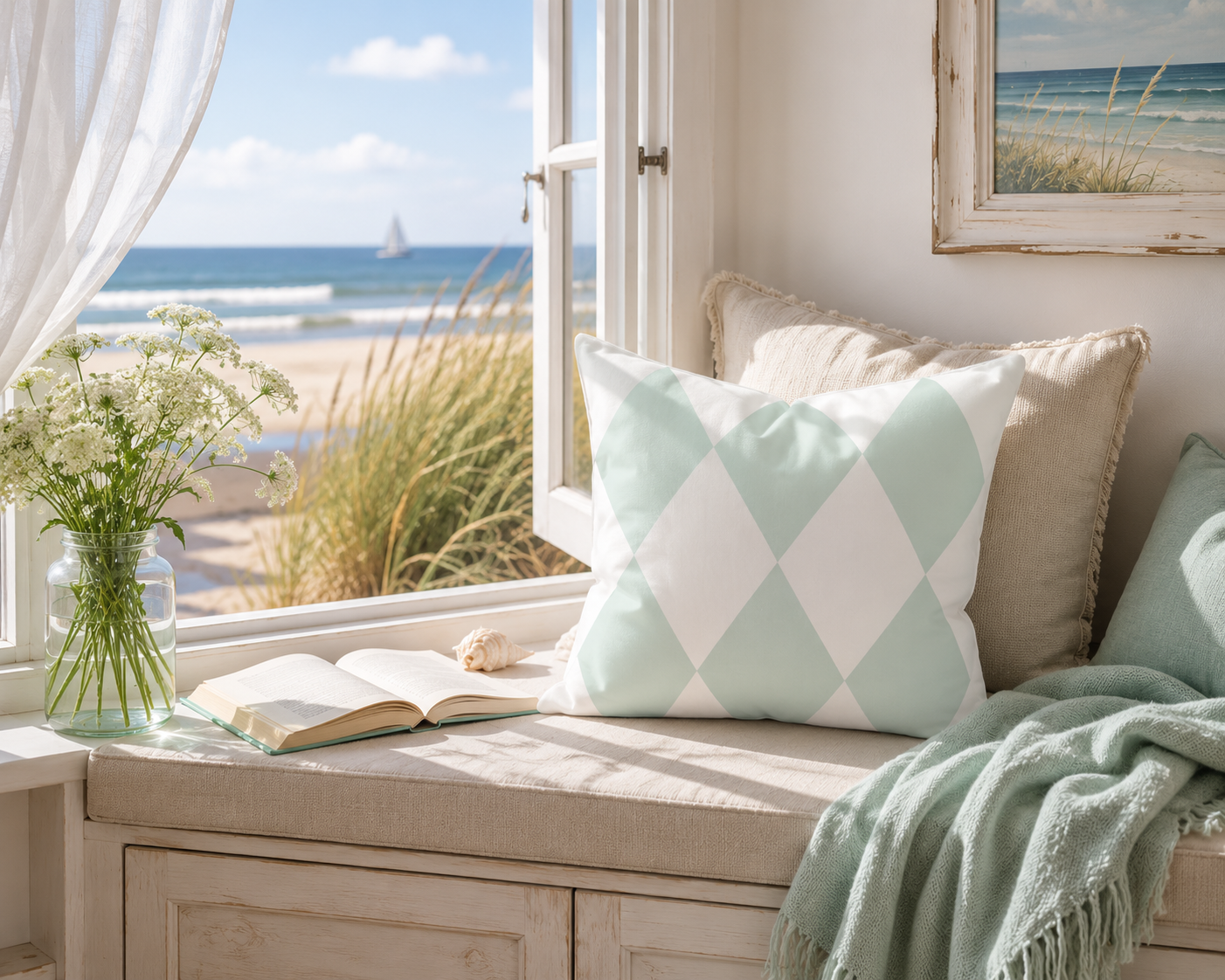 Aqua-blau weißes Dekokissen mit Rautenmuster auf einer Fensterbank mit Meerblick. Skandinavische Wohnidee für Ferienwohnung, Strandhaus oder Ferienhaus an der Ostsee im hellen Landhausstil.