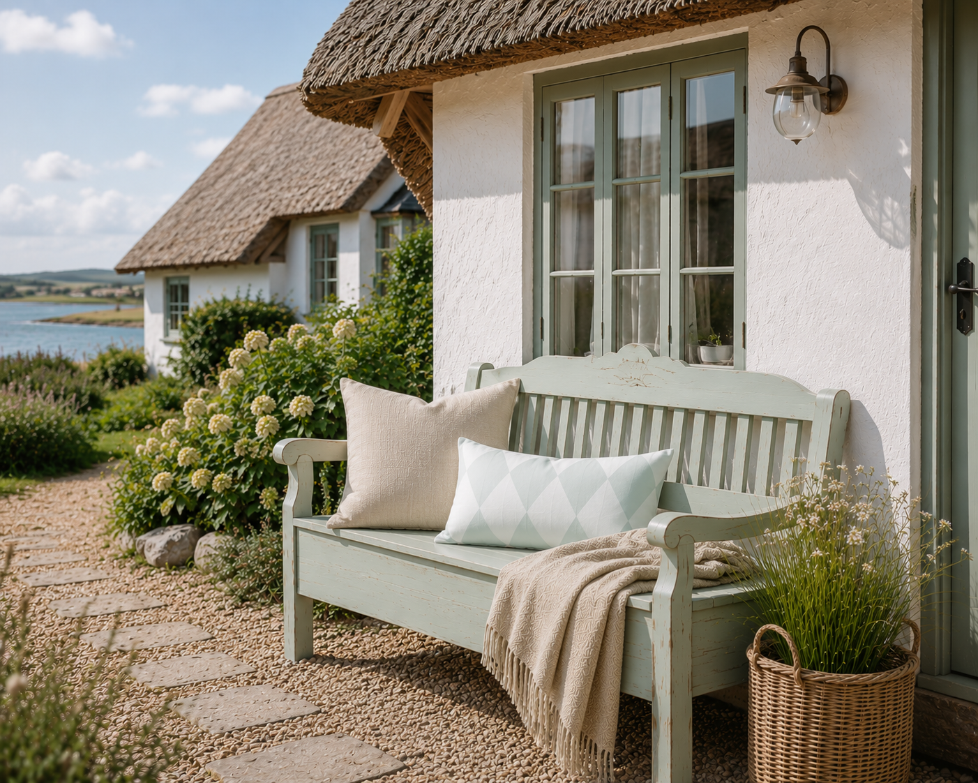 Dekokissen 40x60 cm mit Aqua-Blau Weiß Rautenmuster auf einer Gartenbank vor einem Reetdachhaus an der Ostsee. Skandinavische Outdoor-Dekoration für Ferienhaus, Ferienwohnung, Terrasse, Garten und Strandhaus im Landhausstil.