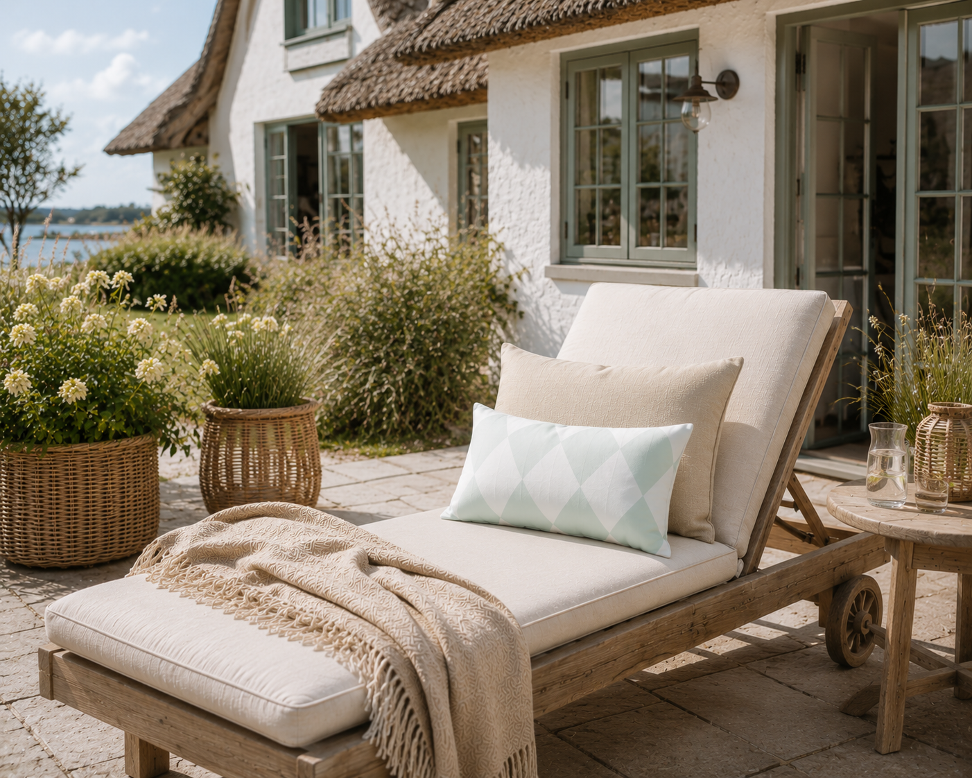Dekokissen 40x60 cm mit Aqua-Blau Weiß Rautenmuster auf einer Gartenliege vor einem Reetdachhaus an der Ostsee. Outdoor-Kissen für Terrasse, Garten, Ferienhaus, Ferienwohnung und Strandhaus im skandinavischen Landhausstil.