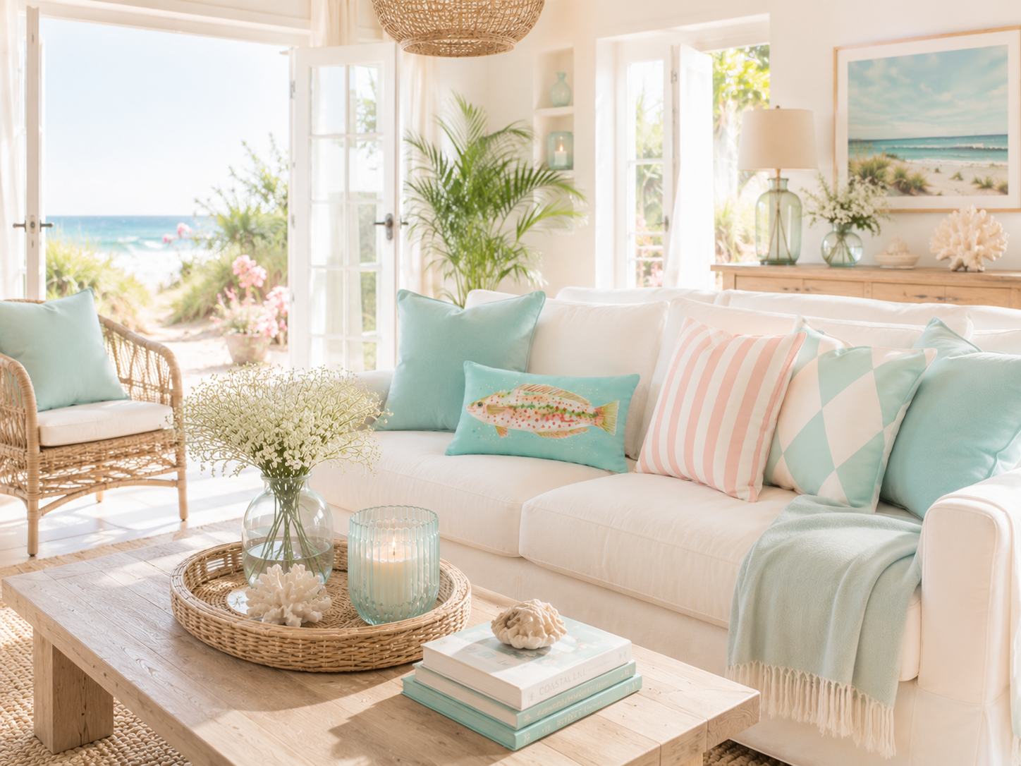 Aqua-blau weißes Dekokissen mit Rautenmuster kombiniert mit Fischkissen und Streifenkissen auf einem hellen Sofa im skandinavischen Küstenstil. Wohnidee für Ferienwohnung, Ferienhaus oder Strandhaus an der Ostsee.