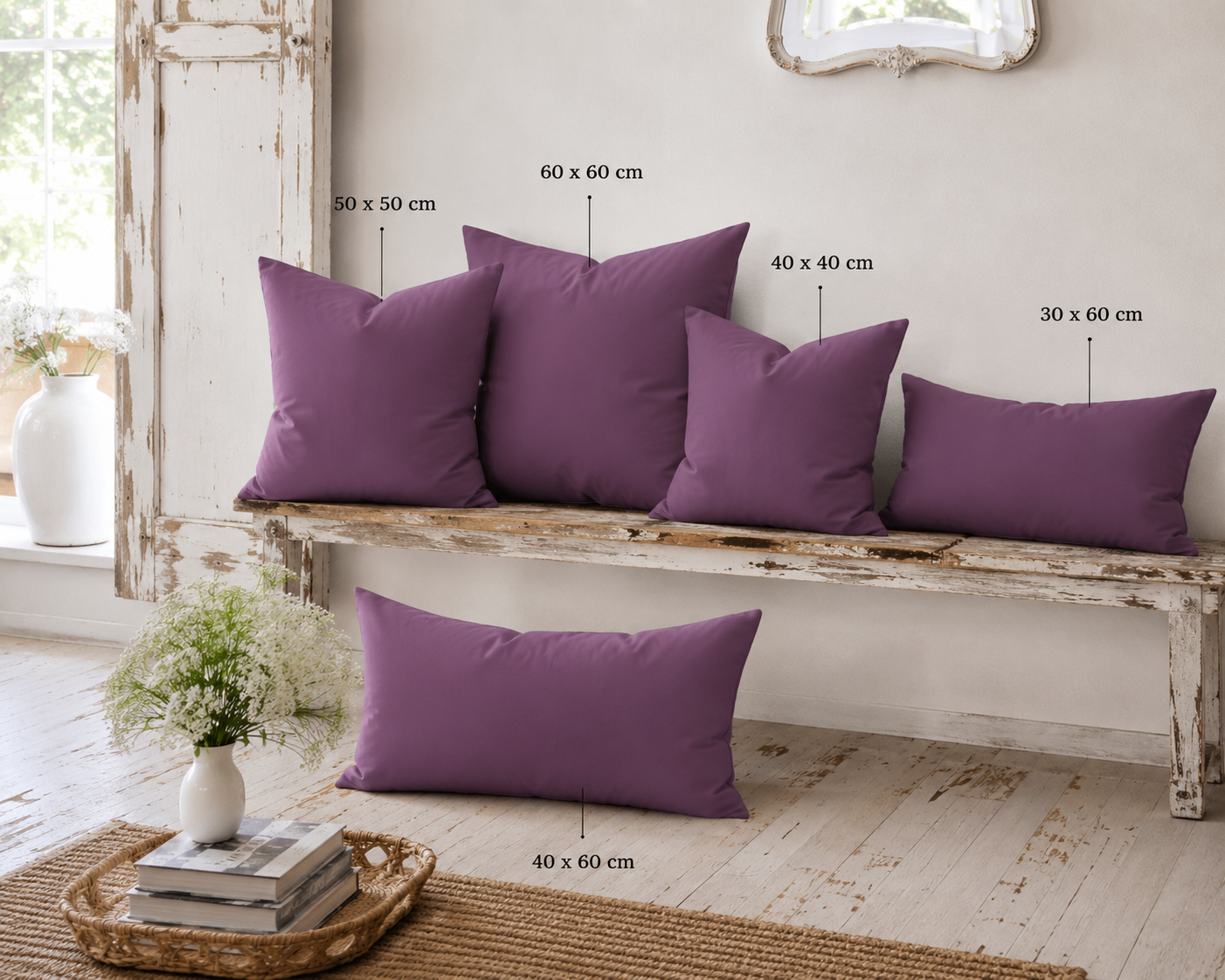 Dekokissen in Aubergine, Pflaume und Beerenton in verschiedenen Größen. Größenvergleich für Kissenhüllen von 30x60 cm bis 60x60 cm für Sofa, Bett und Sessel.