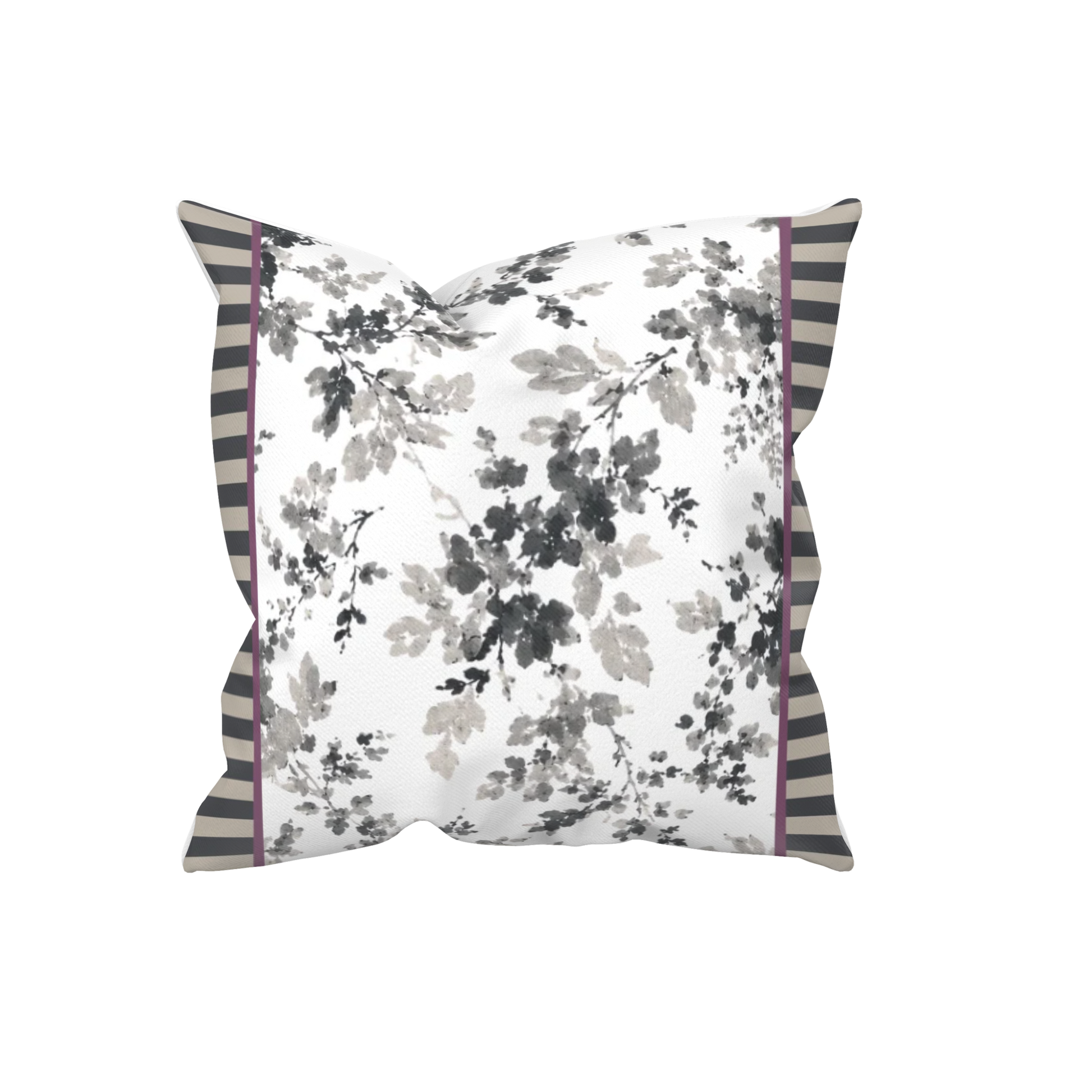 Dekokissen 40x40 cm mit floralem Muster in Grau, Anthrazit und Weiß sowie Aubergine-Akzenten. Kissenhülle im Landhausstil für Sofa, Schlafzimmer oder stilvolle Wohnräume.