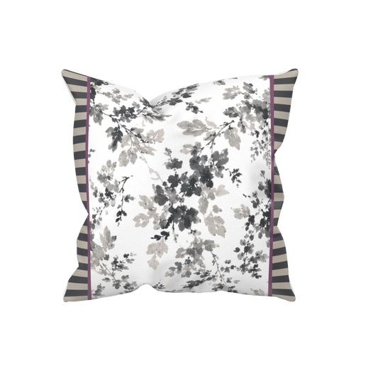 Dekokissen 40x40 cm mit floralem Muster in Grau, Anthrazit und Weiß sowie Aubergine-Akzenten. Kissenhülle im Landhausstil für Sofa, Schlafzimmer oder stilvolle Wohnräume.