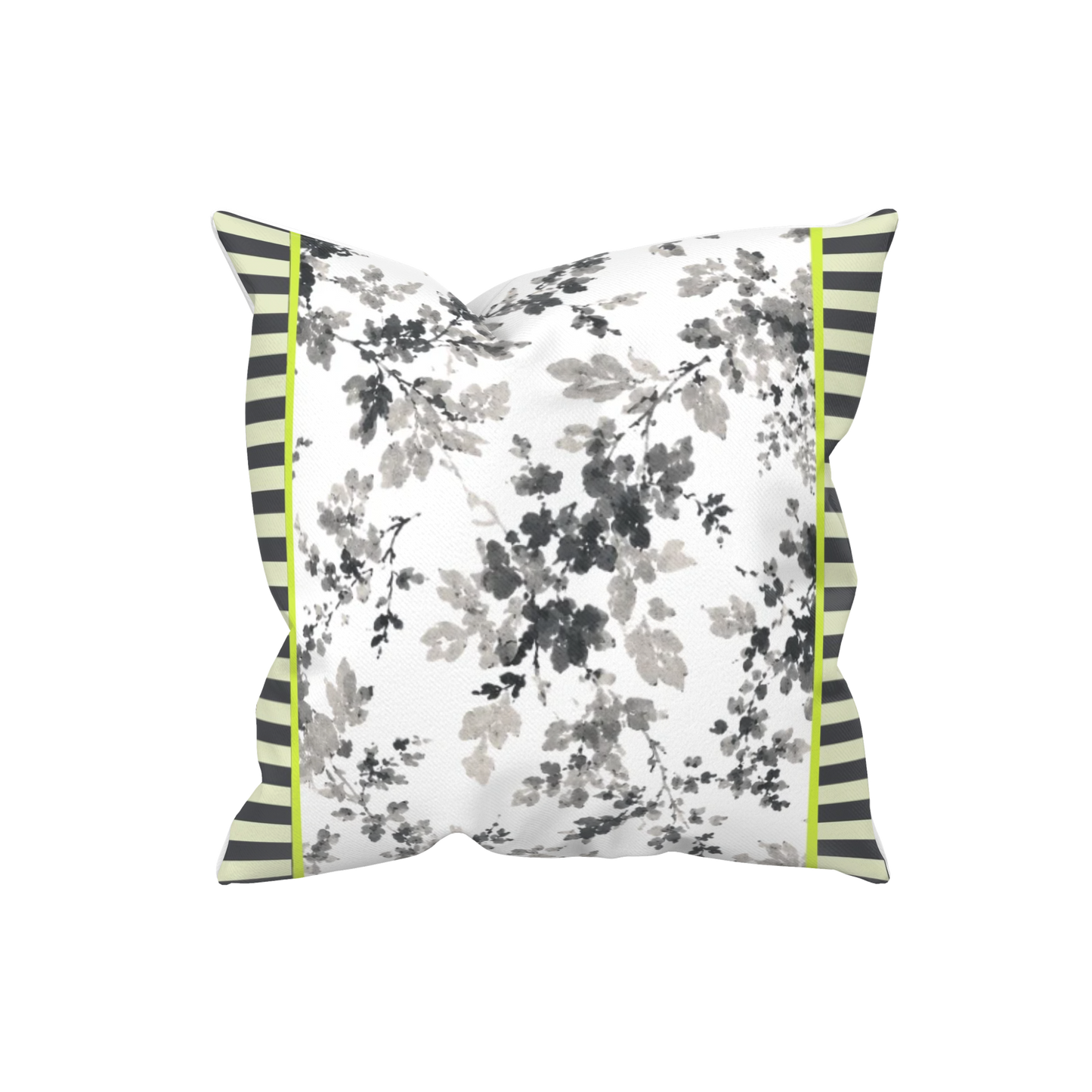 Dekokissen 40x40 cm mit grauem Blütenmuster, Anthrazit-Details und Limegrün-Akzenten. Florale Kissenhülle für Landhausstil, Gartenmöbel und moderne Wohnräume.
