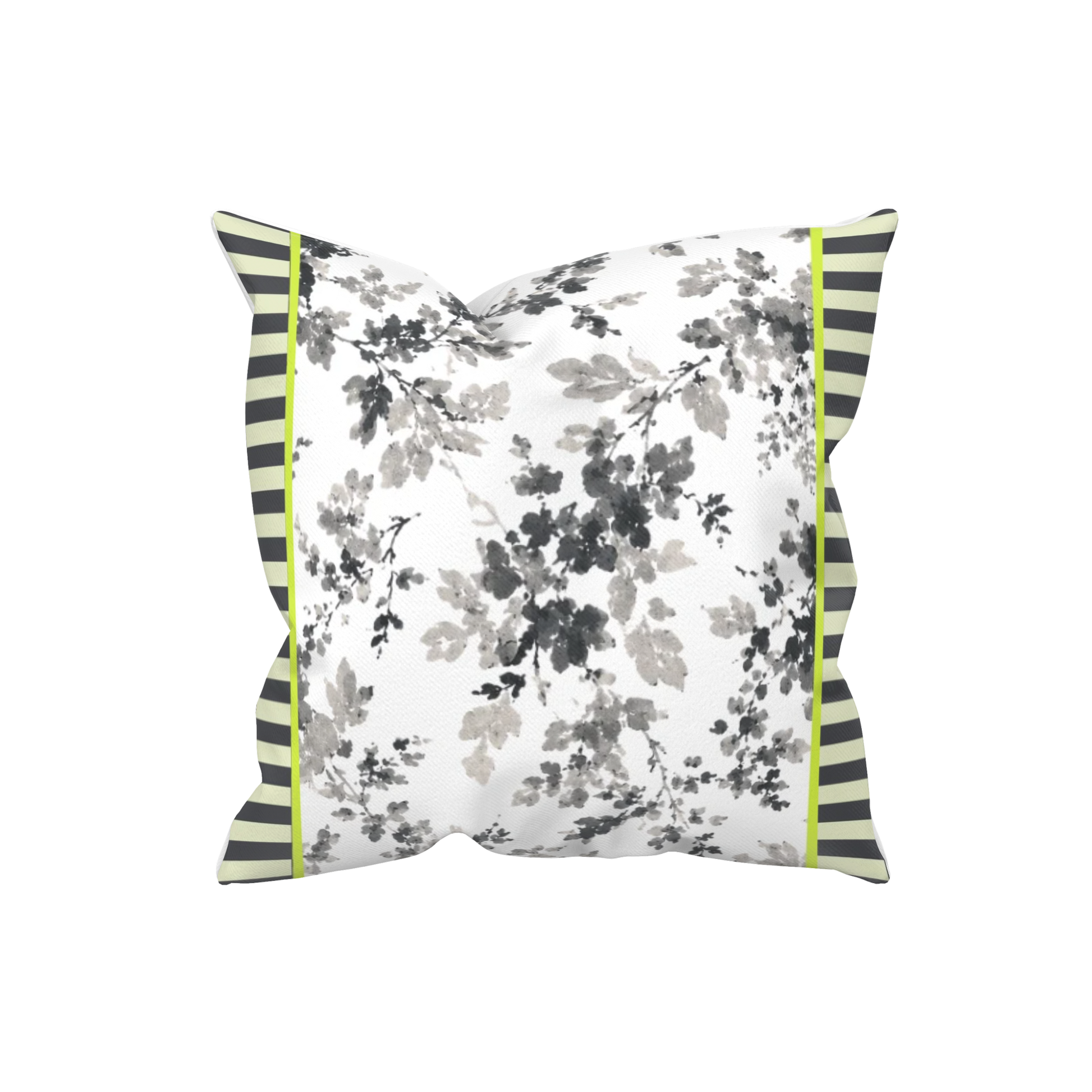 Dekokissen 40x40 cm mit grauem Blütenmuster, Anthrazit-Details und Limegrün-Akzenten. Florale Kissenhülle für Landhausstil, Gartenmöbel und moderne Wohnräume.