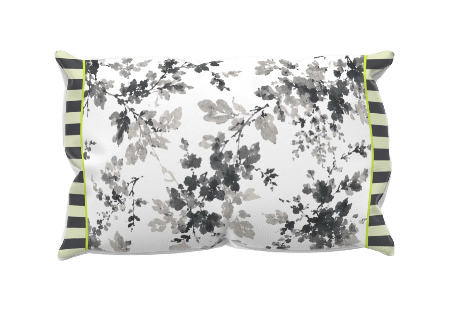 Kissenhülle 60x40 cm in Grau-Weiß mit floralem Blütenmuster und Limegrün-Akzenten. Dekokissen für Landhausstil, moderne Wohnräume und stilvolle Outdoor-Bereiche.