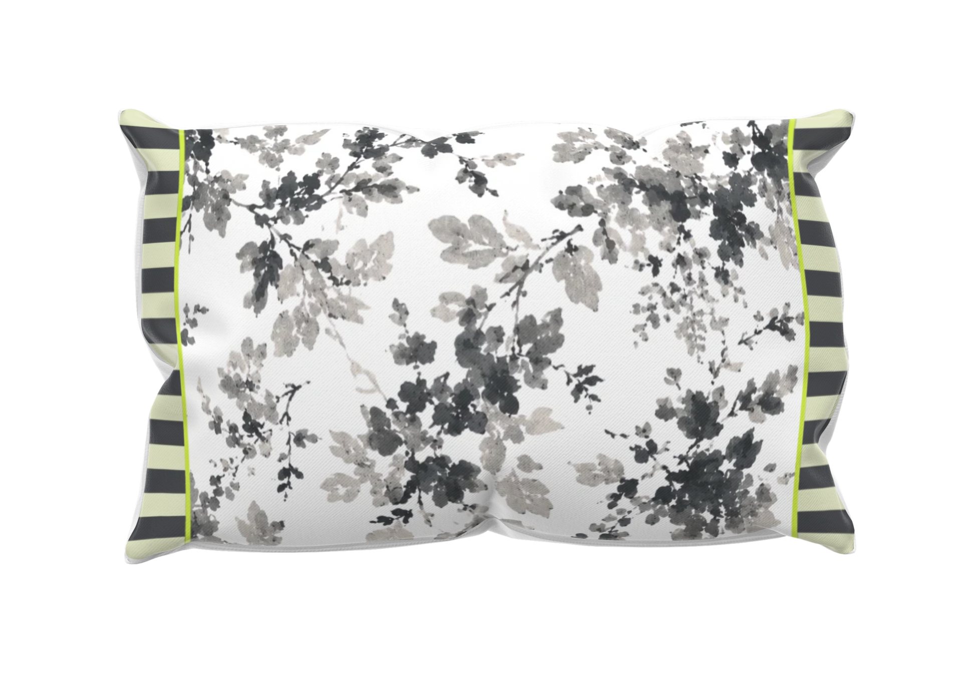 Kissenhülle 60x40 cm in Grau-Weiß mit floralem Blütenmuster und Limegrün-Akzenten. Dekokissen für Landhausstil, moderne Wohnräume und stilvolle Outdoor-Bereiche.