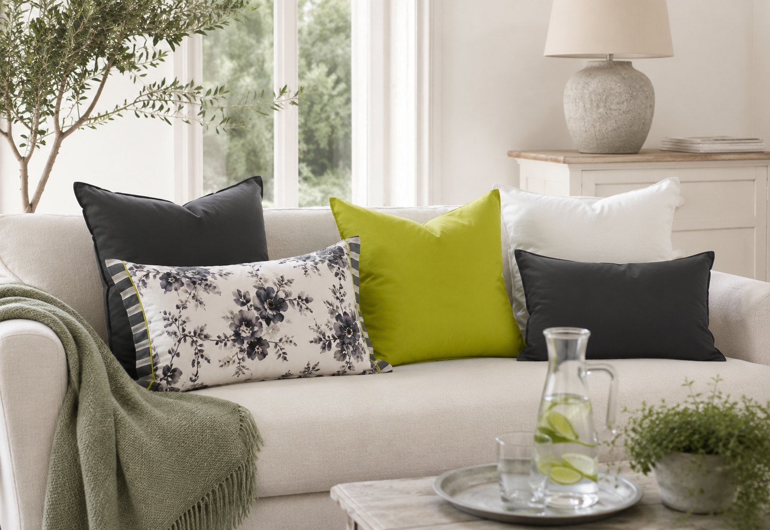 Dekokissen-Kombination aus Anthrazit, Weiß und Limegrün auf einem hellen Sofa. Florales Dekokissen mit grauem Blütenmuster kombiniert mit unifarbenen Kissen für modernen Landhausstil und zeitloses Wohnen.