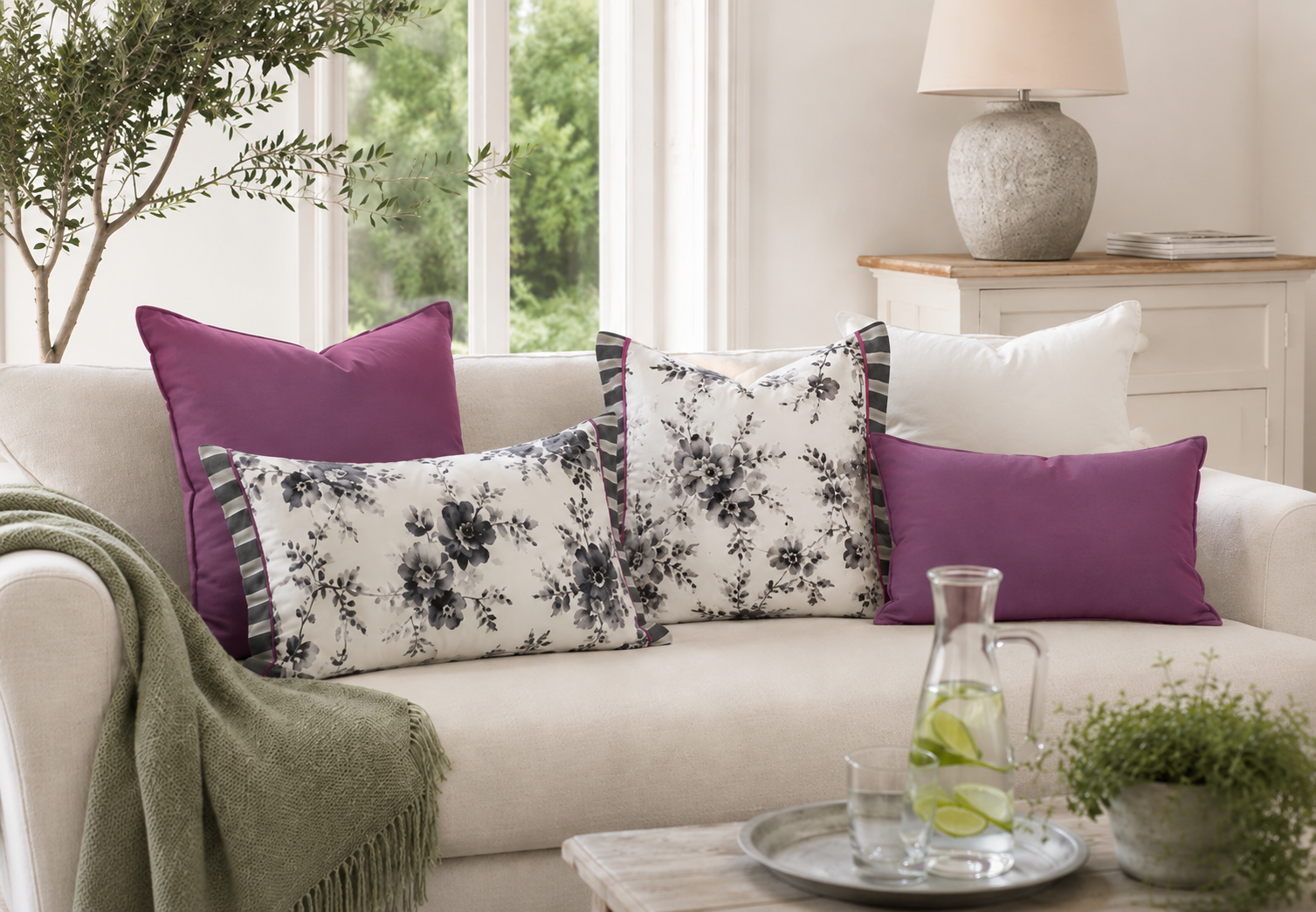 Kissenkombination aus auberginefarbenen, weißen und floralen Dekokissen auf einem hellen Sofa. Stilvolle Wohnaccessoires im Landhausstil für Wohnzimmer und gemütliche Wohnräume.