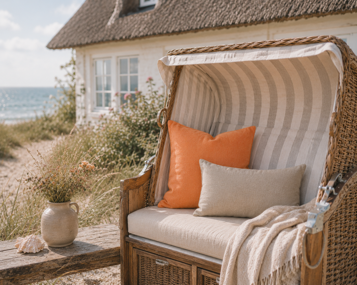 Mandarinefarbenes Dekokissen im Strandkorb vor einem Reetdachhaus an der Ostsee, kombiniert mit einem taupefarbenen Kissen. Gemütliche Kissenkombination für Ferienwohnung, Ferienhaus, Strandkorb und maritimen Küstenstil.
