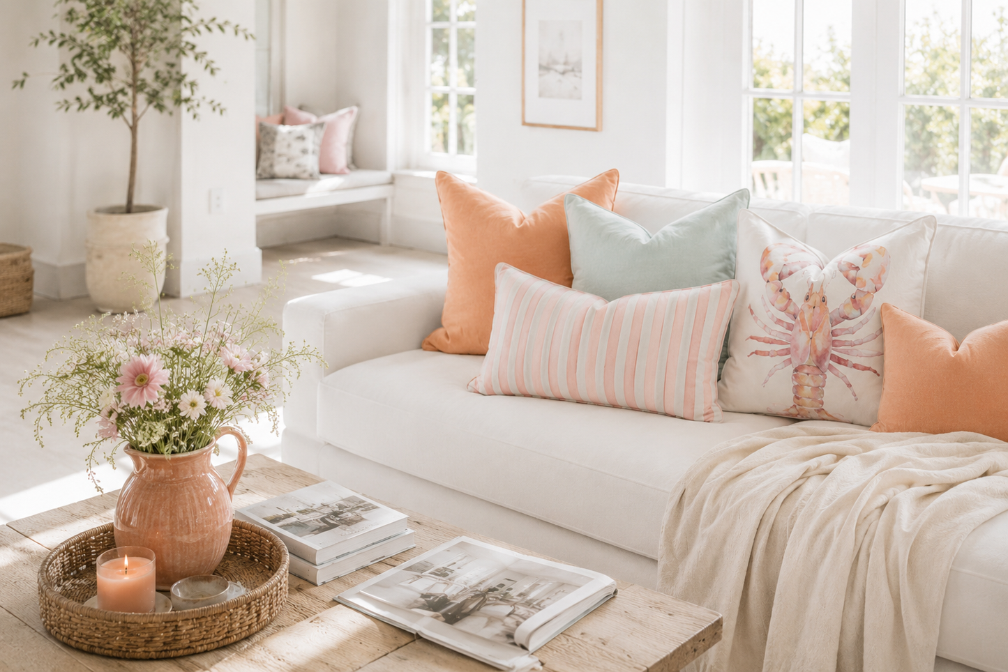 Mandarinefarbenes Dekokissen kombiniert mit Hummer-, Streifen- und unifarbenen Kissen auf einem hellen Sofa im Coastal-Living-Stil. Harmonische Kissenkombination für Ferienwohnung, Strandhaus und maritimes Wohnen.