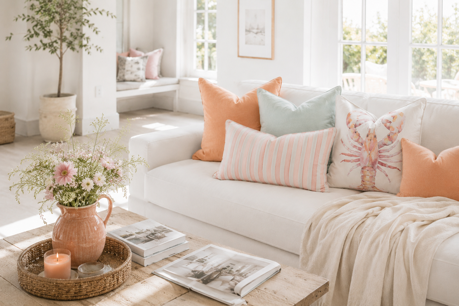 Mandarinefarbenes Dekokissen kombiniert mit Hummer-, Streifen- und unifarbenen Kissen auf einem hellen Sofa im Coastal-Living-Stil. Harmonische Kissenkombination für Ferienwohnung, Strandhaus und maritimes Wohnen.