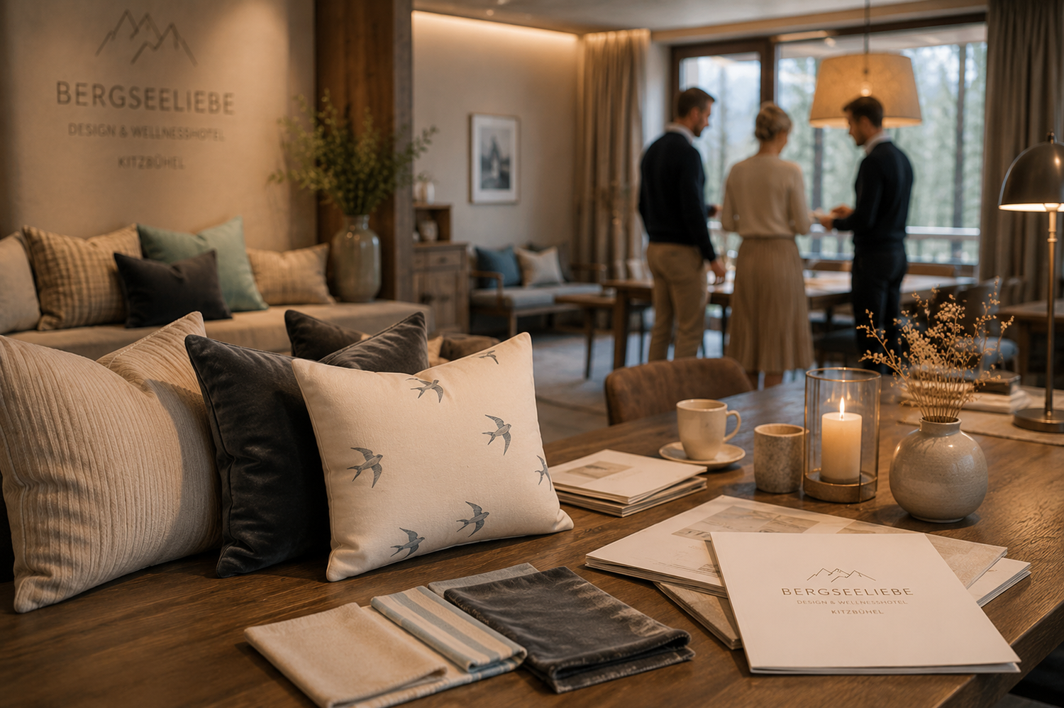 Besprechung einer individuellen Kissenkollektion in einem Designhotel. Im Vordergrund liegen Stoffmuster und Designkissen von Kissenglück, während im Hintergrund gemeinsam Einrichtungsideen für Hotel und Shop entwickelt werden.
