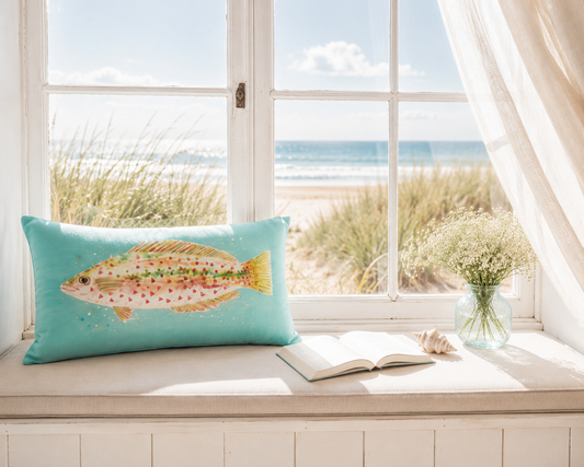 Dekokissen mit Fischmotiv in Aqua-Blau auf einer Fensterbank mit Blick auf Strand und Meer. Wohnidee für Ferienwohnung, Ferienhaus und Küstenstil an der Ostsee.