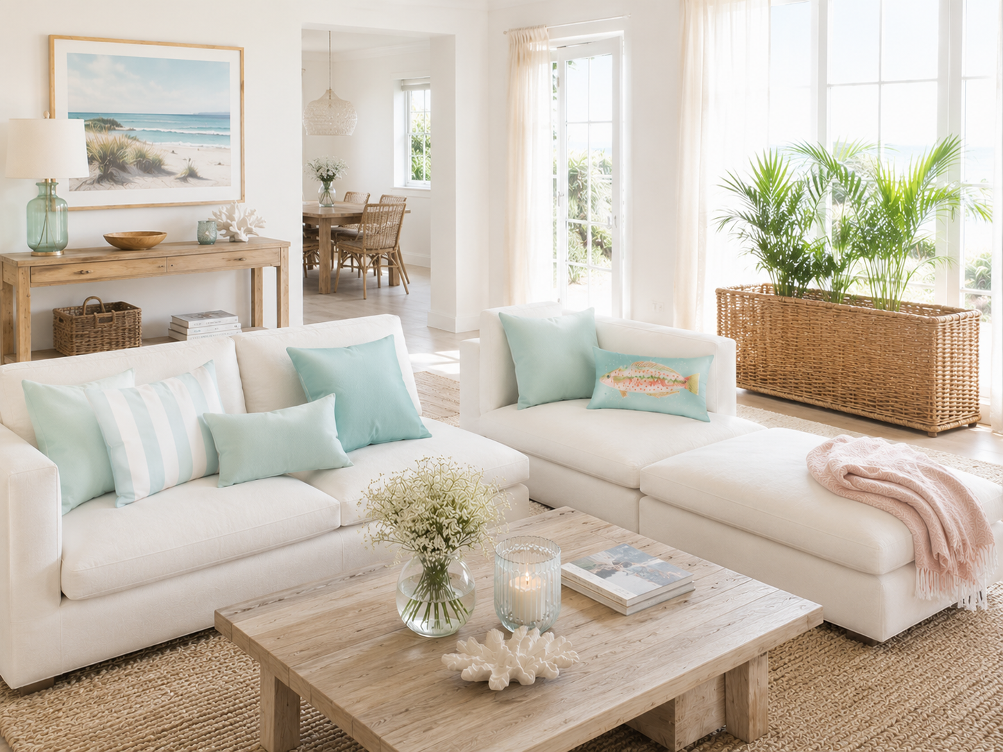 Helles Wohnzimmer im Küstenstil mit Fischkissen in Aqua-Blau auf weißem Sofa. Einrichtungsidee für Ferienwohnung, Ferienhaus und modernes Wohnen an der Ostsee.