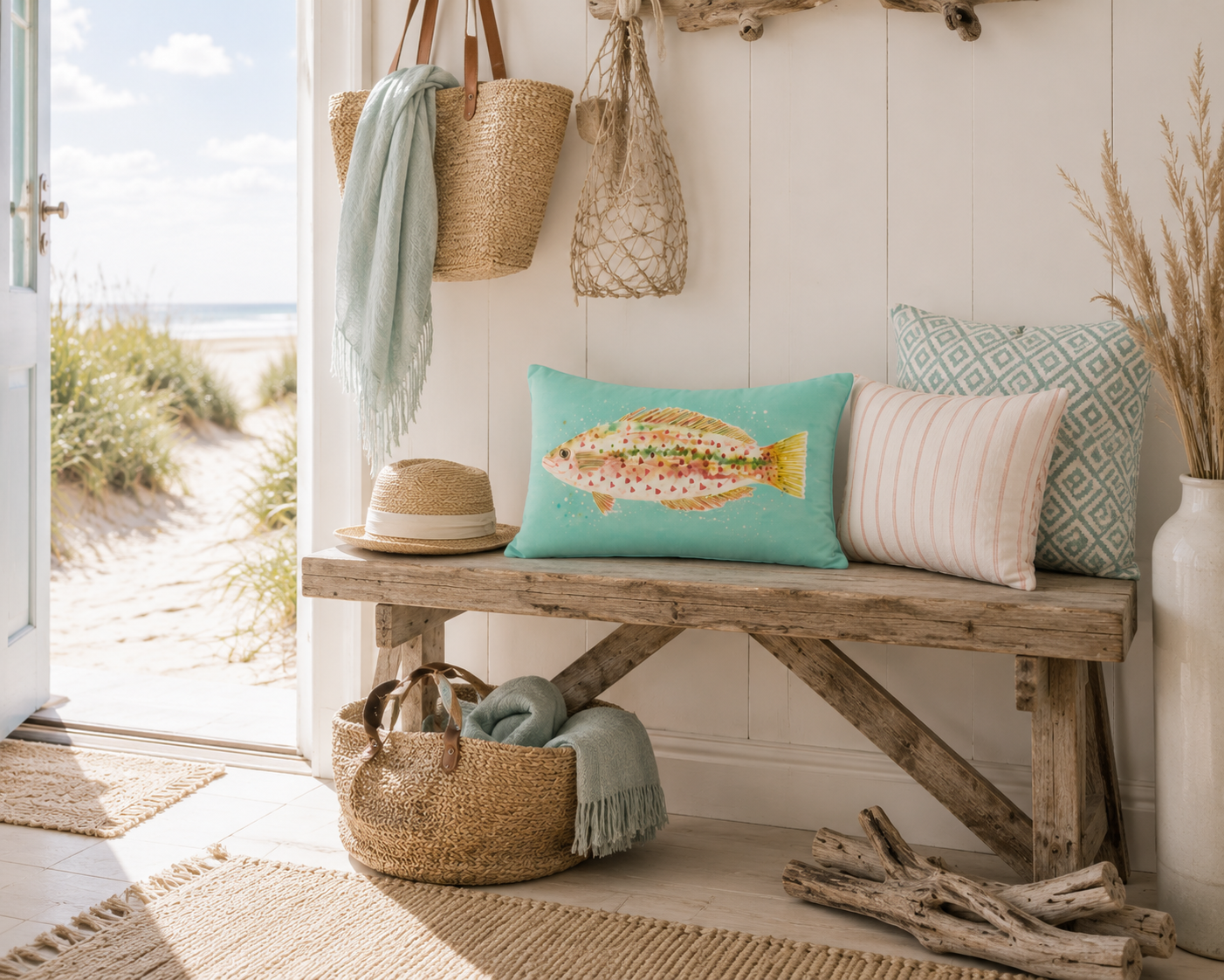 Dekokissen mit Fischmotiv in Aqua-Blau auf einer Holzbank im Küstenstil. Dekorationsidee für Ferienhaus, Ferienwohnung und Wohnen an der Ostsee mit natürlicher Küstendeko.