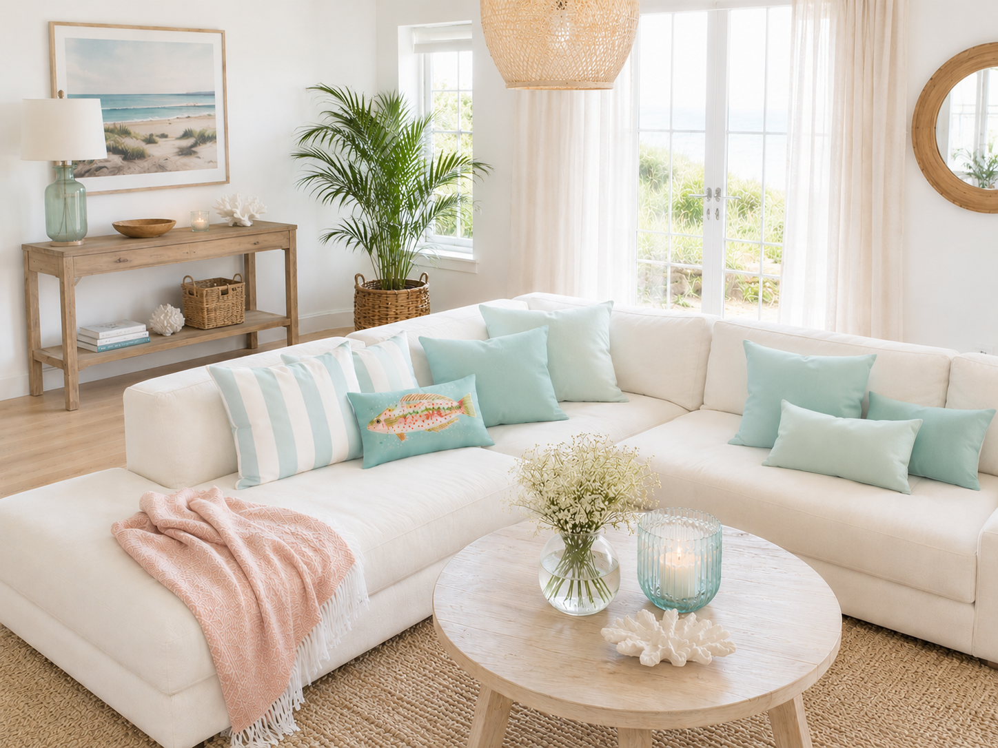 Helles Wohnzimmer im Küstenstil mit Fischkissen in Aqua-Blau auf weißem Ecksofa. Einrichtungsidee für Ferienwohnung, Ferienhaus und stilvolles Wohnen an der Ostsee.