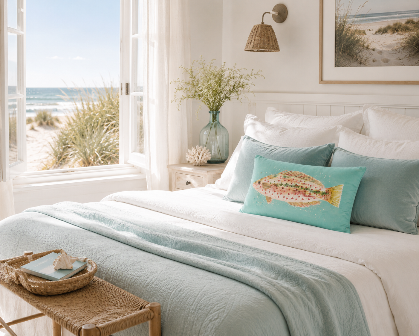 Dekokissen mit Fischmotiv in Aqua-Blau auf einem Bett im Küstenstil. Einrichtungsidee für Ferienwohnung, Ferienhaus und Schlafzimmer mit Blick auf die Ostsee.