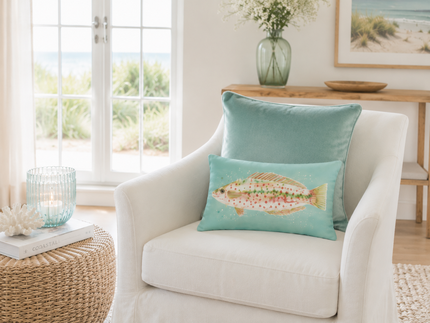 Dekokissen mit Fischmotiv in Aqua-Blau auf einem weißen Sessel im Küstenstil. Wohnidee für Ferienwohnung, Ferienhaus und stilvolles Wohnen an der Ostsee.