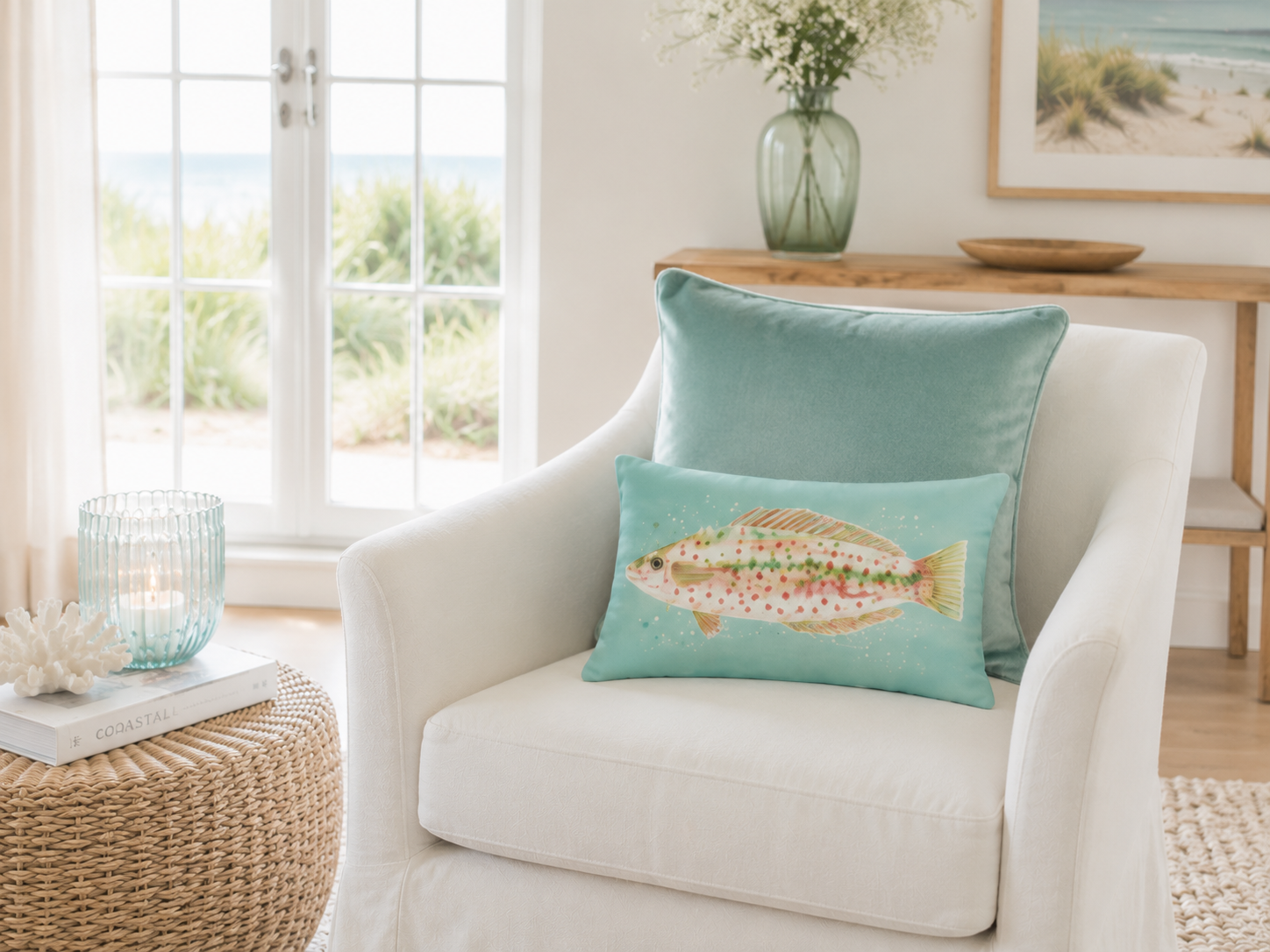 Dekokissen mit Fischmotiv in Aqua-Blau auf einem weißen Sessel im Küstenstil. Wohnidee für Ferienwohnung, Ferienhaus und stilvolles Wohnen an der Ostsee.
