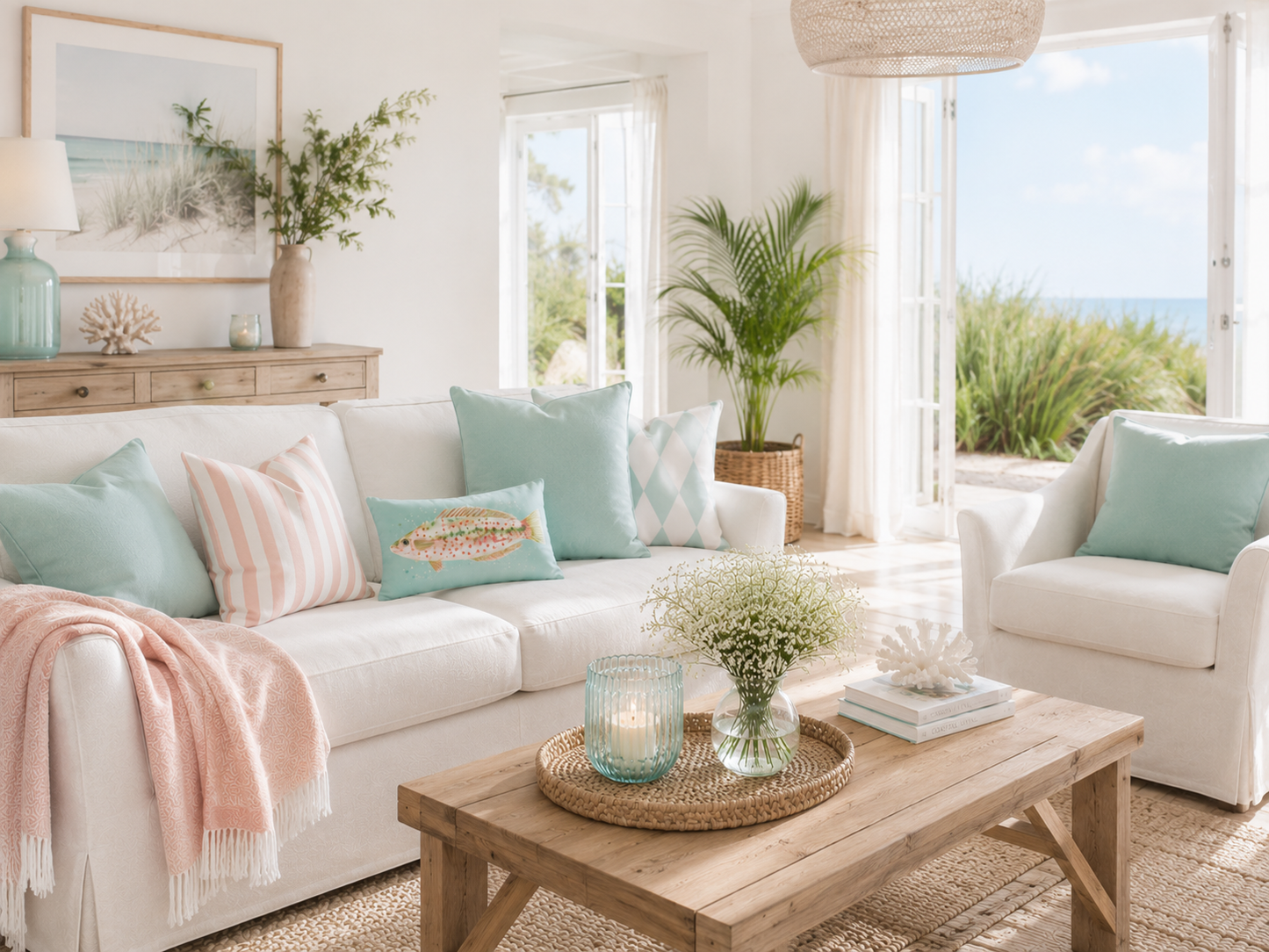 Helles Wohnzimmer im Küstenstil mit Fischkissen in Aqua-Blau auf einem weißen Sofa. Einrichtungsidee für Ferienwohnung, Ferienhaus oder stilvolles Wohnen an der Ostsee.